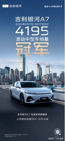 配资伐 限时指导价8.18万起！吉利银河A7周交付4195辆，混动轿车市场销冠